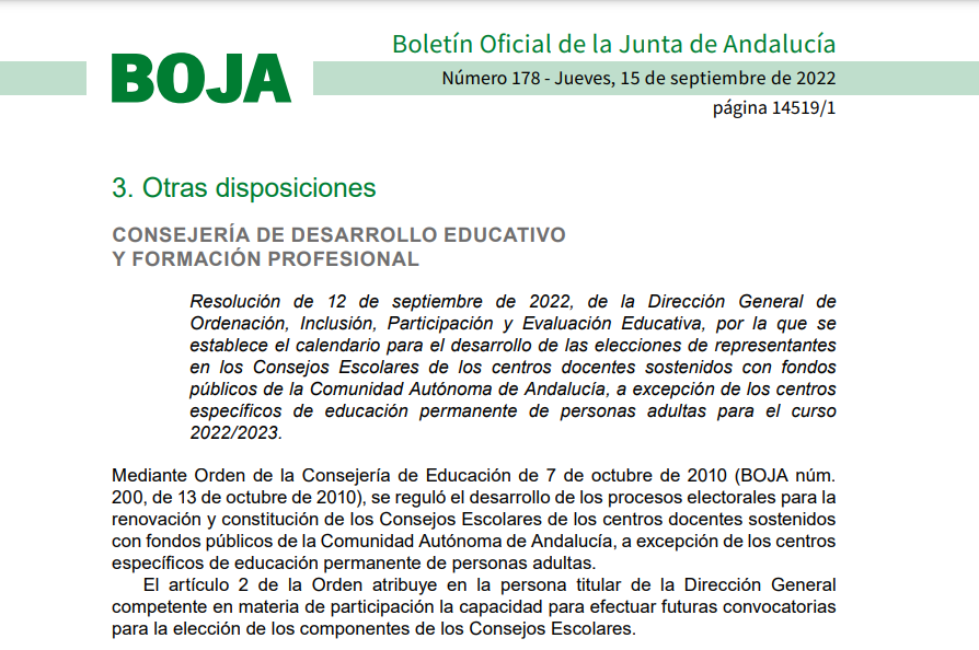 Resolución de 12 de septiembre de 2022, por la que se establece el calendario para el desarrollo de las elecciones de representantes en los Consejos Escolares de los centros docentes sostenidos con fondos públicos de la Comunidad Autónoma de Andalucía