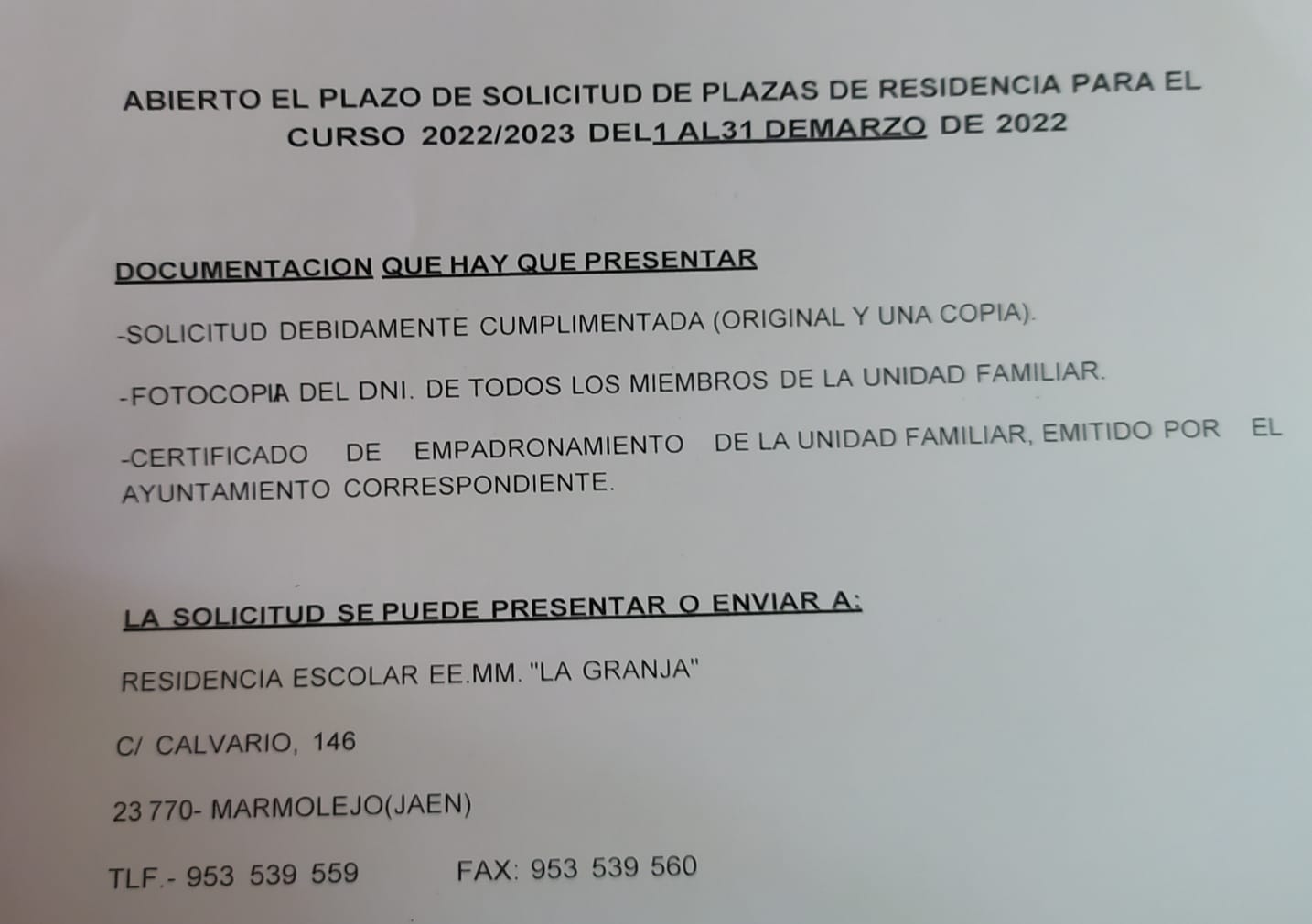 DOCUMENTACIÓN A ENTREGAR PARA LA SOLICITUD PLAZAS RESIDENCIA  CURSO 2022/2023